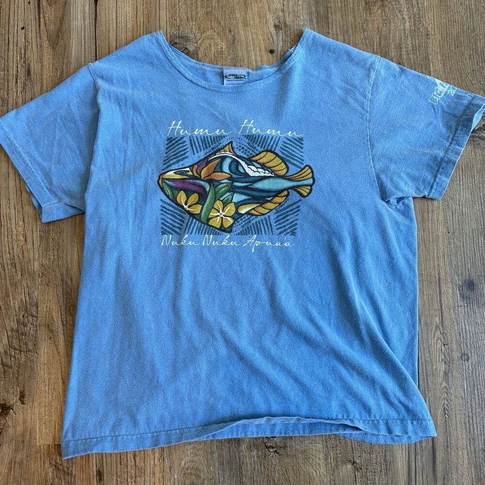 Crazy Shirts Hawaii Fish Graphic Logo Blue Cotton Knit Crew Neck T-Shirt Women M